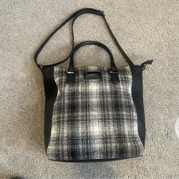 Black Leather Christian Lacroix Tote Bag with Wool Pattern - Picture 3 of 8